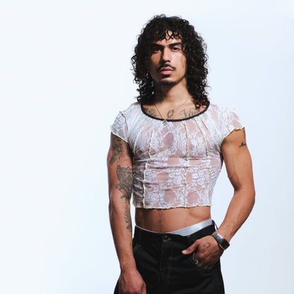 TOP RESTOS ENCAJE / blanco con bies negro