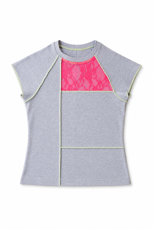 PARCHADO TOP / gris con rosa neón