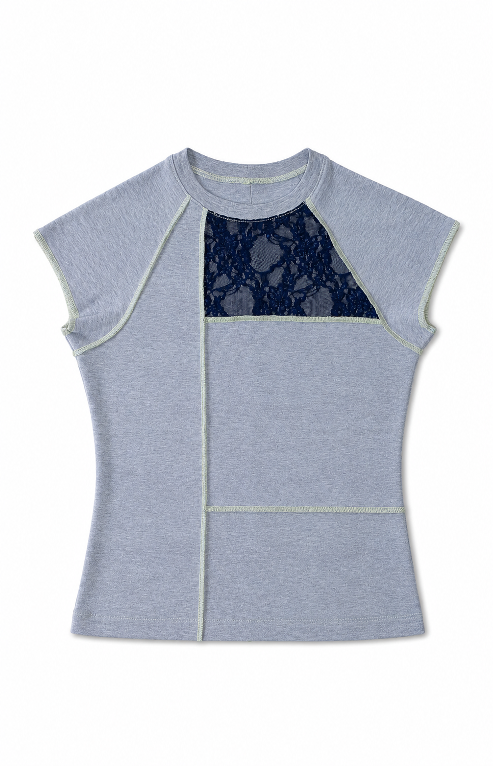 PARCHADO TOP / gris con encaje azul marino